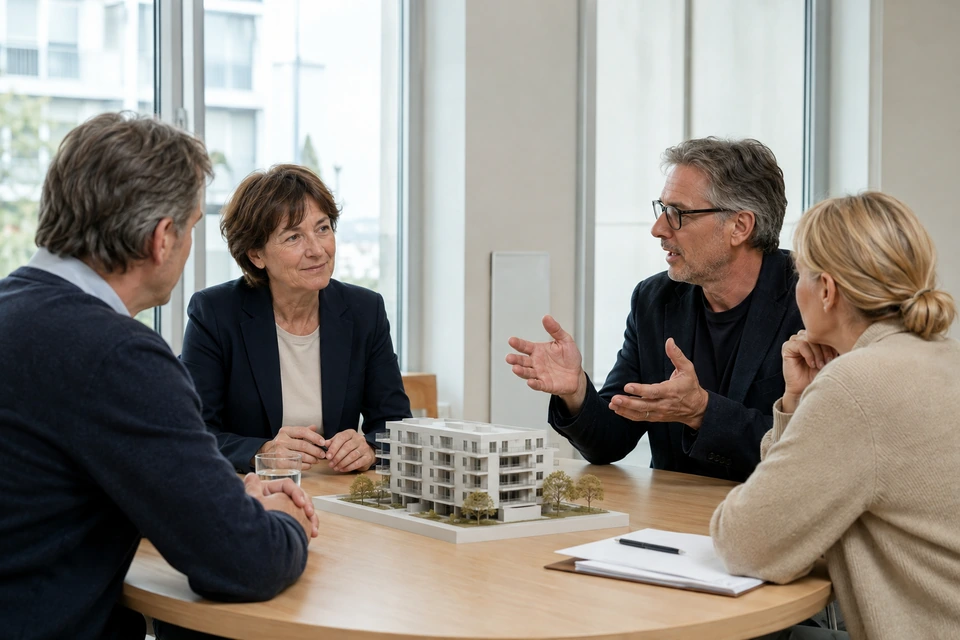 Symbolische Leitung einer Besprechung mit Wohnhausmodell